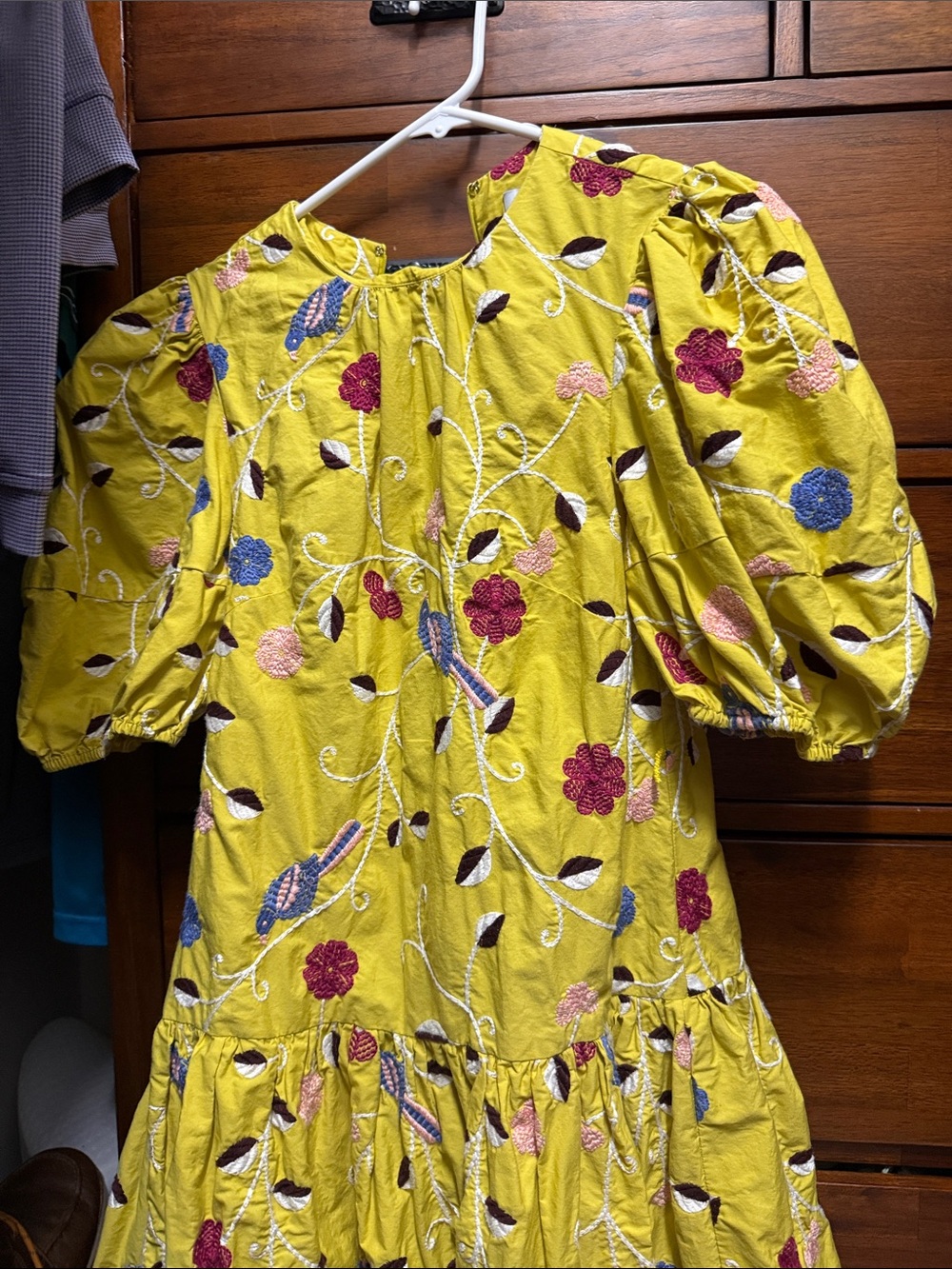 Embroidered Yellow Floral Puff-Sleeve Dress